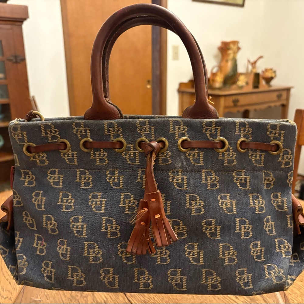 Dooney Bourke Denim Logo Small Satchel Leather Accents and Hang Tag.